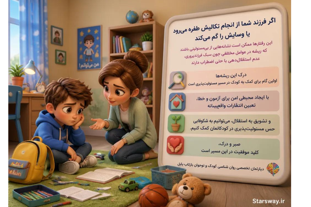 ️اگر فرزند شما از انجام تکالیفش طفره می‌رود یا وسایلش را گم می‌کند